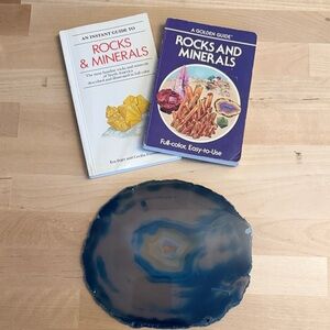 Lot of rocks and minerals pocket guides and blue quartz slice